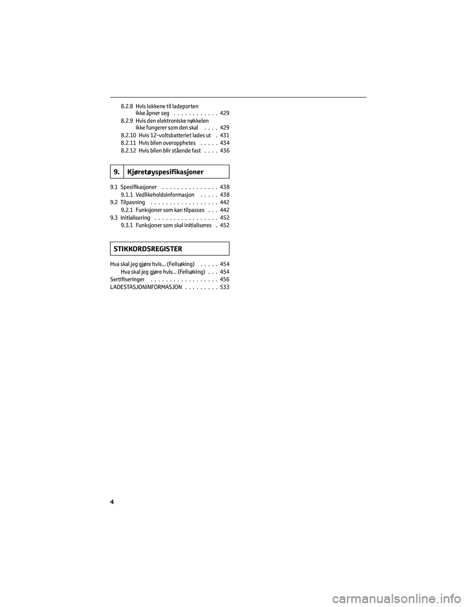 TOYOTA BZ4X 2022  Instruksjoner for bruk (in Norwegian) 8.2.8 Hvis lokkene til ladeporten
ikke åpner seg............429
8.2.9 Hvis den elektroniske nøkkelen
ikke fungerer som den skal....429
8.2.10 Hvis 12-voltsbatteriet lades ut . 431
8.2.11 Hvis bilen 