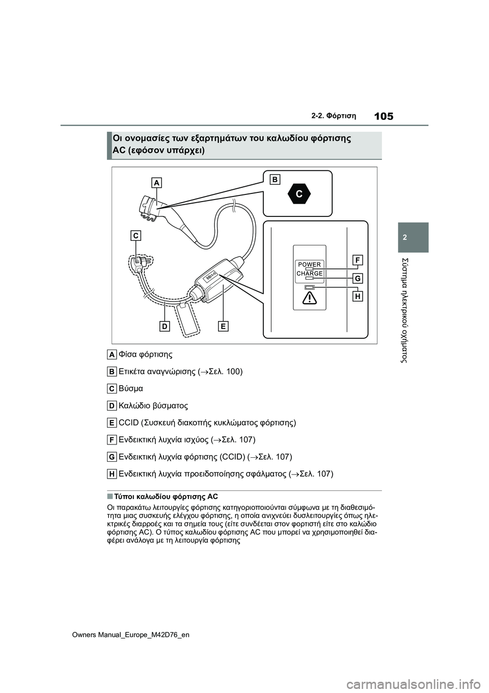TOYOTA BZ4X 2022 ΟΔΗΓΌΣ ΧΡΉΣΗΣ (in Greek) 105
2
Owners Manual_Europe_M42D76_en
2-2. Φόρτιση
Σύστημα ηλεκτρικού οχήματος
Φίσα φόρτισης
Ετικέτα αναγνώρισης (Σελ.100)
Βύσμα TOYOTA BZ4X 2022 ΟΔΗΓΌΣ ΧΡΉΣΗΣ (in Greek) 105
2
Owners Manual_Europe_M42D76_en
2-2. Φόρτιση
Σύστημα ηλεκτρικού οχήματος
Φίσα φόρτισης
Ετικέτα αναγνώρισης (Σελ.100)
Βύσμα