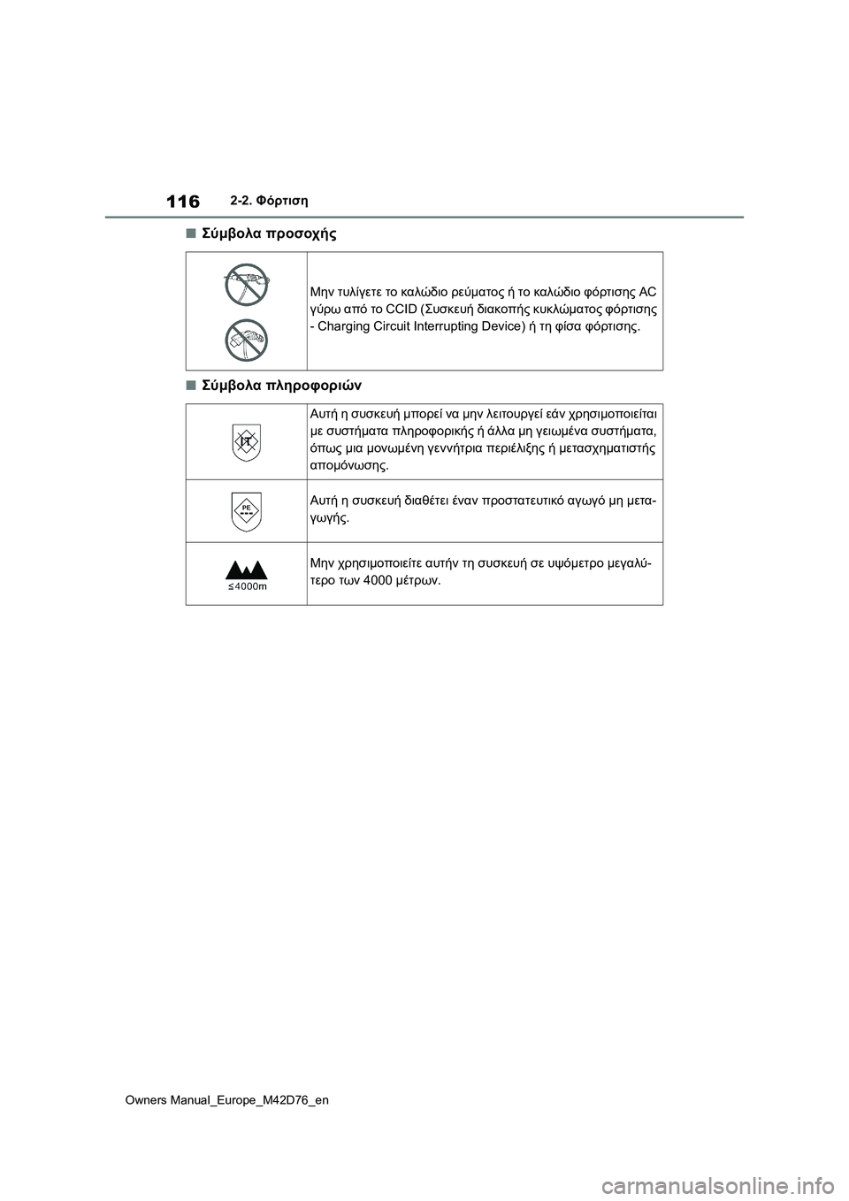 TOYOTA BZ4X 2022 ΟΔΗΓΌΣ ΧΡΉΣΗΣ (in Greek) 116
Owners Manual_Europe_M42D76_en
2-2. Φόρτιση
■Σύμβολα προσοχής
■Σύμβολα πληροφοριών
Μην τυλίγετε το καλώδιο ρεύματος ή το TOYOTA BZ4X 2022 ΟΔΗΓΌΣ ΧΡΉΣΗΣ (in Greek) 116
Owners Manual_Europe_M42D76_en
2-2. Φόρτιση
■Σύμβολα προσοχής
■Σύμβολα πληροφοριών
Μην τυλίγετε το καλώδιο ρεύματος ή το