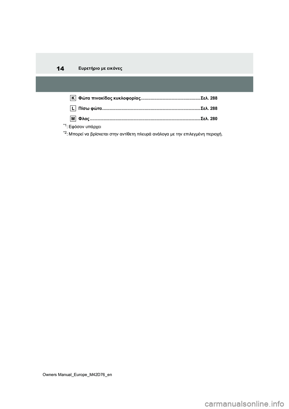 TOYOTA BZ4X 2022 ΟΔΗΓΌΣ ΧΡΉΣΗΣ (in Greek) 14
Owners Manual_Europe_M42D76_en
Ευρετήριο με εικόνες
Φώτα πινακίδας κυκλοφορίας.................................................Σελ.288
Πίσω φώτα TOYOTA BZ4X 2022 ΟΔΗΓΌΣ ΧΡΉΣΗΣ (in Greek) 14
Owners Manual_Europe_M42D76_en
Ευρετήριο με εικόνες
Φώτα πινακίδας κυκλοφορίας.................................................Σελ.288
Πίσω φώτα