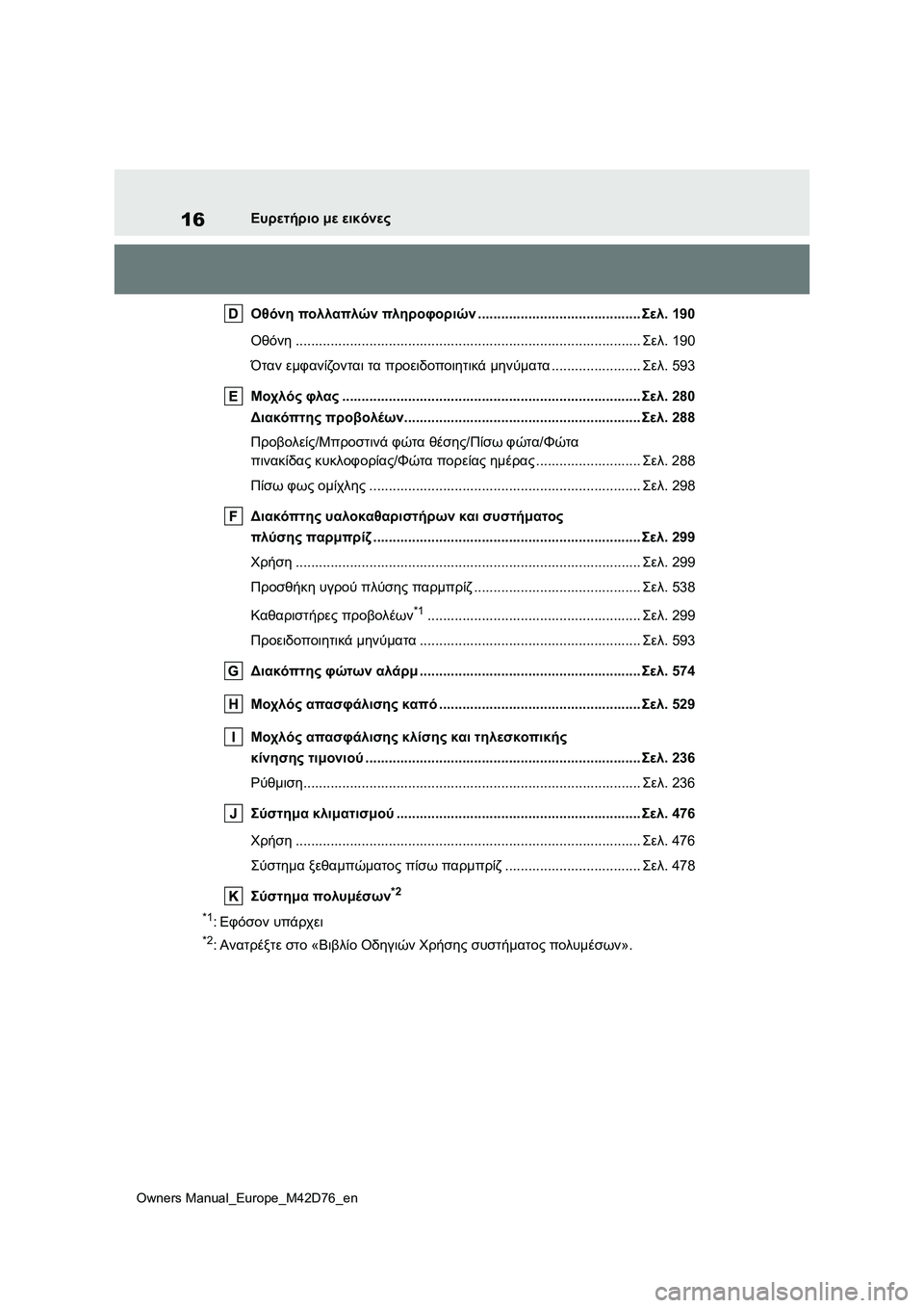 TOYOTA BZ4X 2022 ΟΔΗΓΌΣ ΧΡΉΣΗΣ (in Greek) 16
Owners Manual_Europe_M42D76_en
Ευρετήριο με εικόνες
Οθόνη πολλαπλών πληροφοριών..........................................Σελ.190
Οθόνη............ TOYOTA BZ4X 2022 ΟΔΗΓΌΣ ΧΡΉΣΗΣ (in Greek) 16
Owners Manual_Europe_M42D76_en
Ευρετήριο με εικόνες
Οθόνη πολλαπλών πληροφοριών..........................................Σελ.190
Οθόνη............