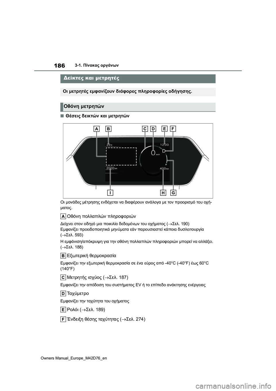 TOYOTA BZ4X 2022 ΟΔΗΓΌΣ ΧΡΉΣΗΣ (in Greek) 186
Owners Manual_Europe_M42D76_en
3-1. Πίνακας οργάνων
■Θέσεις δεικτών και μετρητών
Οι μονάδες μέτρησης ενδέχεται να διαφέρο TOYOTA BZ4X 2022 ΟΔΗΓΌΣ ΧΡΉΣΗΣ (in Greek) 186
Owners Manual_Europe_M42D76_en
3-1. Πίνακας οργάνων
■Θέσεις δεικτών και μετρητών
Οι μονάδες μέτρησης ενδέχεται να διαφέρο