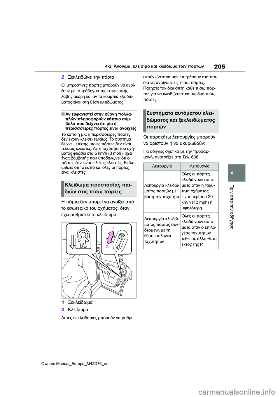 TOYOTA BZ4X 2022 ΟΔΗΓΌΣ ΧΡΉΣΗΣ (in Greek) 205
4
Owners Manual_Europe_M42D76_en
4-2. Άνοιγμα, κλείσιμο και κλείδωμα των πορτών
Πριν από την οδήγηση
2Ξεκλειδώνει την πόρτα
TOYOTA BZ4X 2022 ΟΔΗΓΌΣ ΧΡΉΣΗΣ (in Greek) 205
4
Owners Manual_Europe_M42D76_en
4-2. Άνοιγμα, κλείσιμο και κλείδωμα των πορτών
Πριν από την οδήγηση
2Ξεκλειδώνει την πόρτα