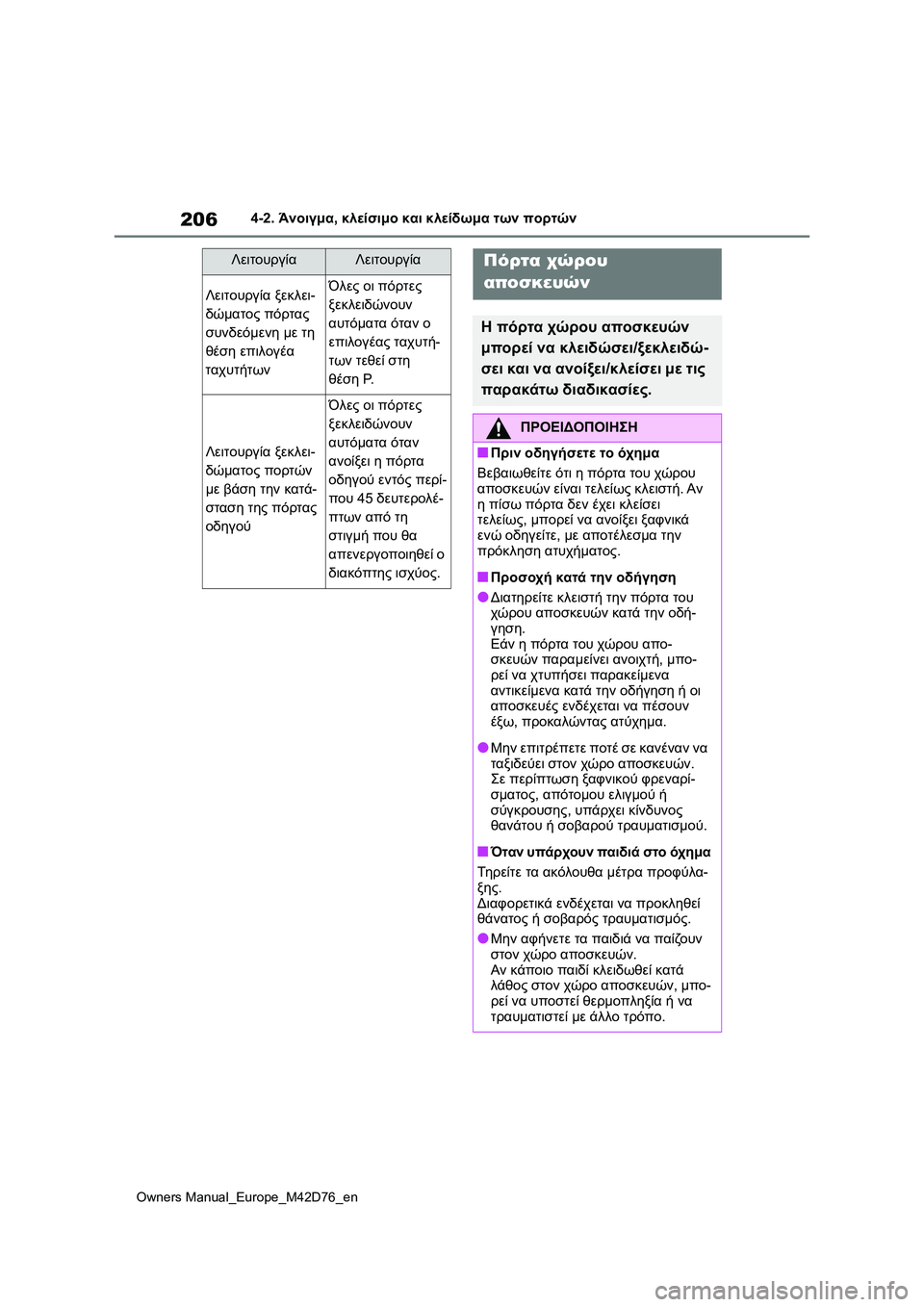 TOYOTA BZ4X 2022 ΟΔΗΓΌΣ ΧΡΉΣΗΣ (in Greek) 206
Owners Manual_Europe_M42D76_en
4-2. Άνοιγμα, κλείσιμο και κλείδωμα των πορτών
Λειτουργία ξεκλει-
δώματος πόρτας
συνδεόμεν TOYOTA BZ4X 2022 ΟΔΗΓΌΣ ΧΡΉΣΗΣ (in Greek) 206
Owners Manual_Europe_M42D76_en
4-2. Άνοιγμα, κλείσιμο και κλείδωμα των πορτών
Λειτουργία ξεκλει-
δώματος πόρτας
συνδεόμεν