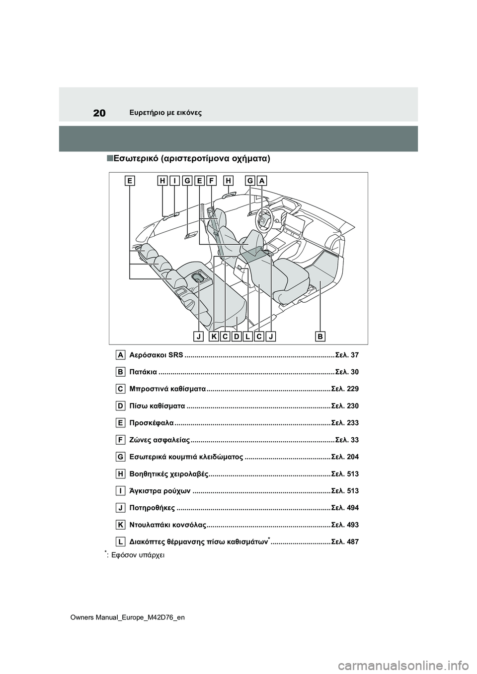 TOYOTA BZ4X 2022 ΟΔΗΓΌΣ ΧΡΉΣΗΣ (in Greek) 20
Owners Manual_Europe_M42D76_en
Ευρετήριο με εικόνες
■Εσωτερικό (αριστεροτίμονα οχήματα)
Αερόσακοι SRS .................................... TOYOTA BZ4X 2022 ΟΔΗΓΌΣ ΧΡΉΣΗΣ (in Greek) 20
Owners Manual_Europe_M42D76_en
Ευρετήριο με εικόνες
■Εσωτερικό (αριστεροτίμονα οχήματα)
Αερόσακοι SRS ....................................