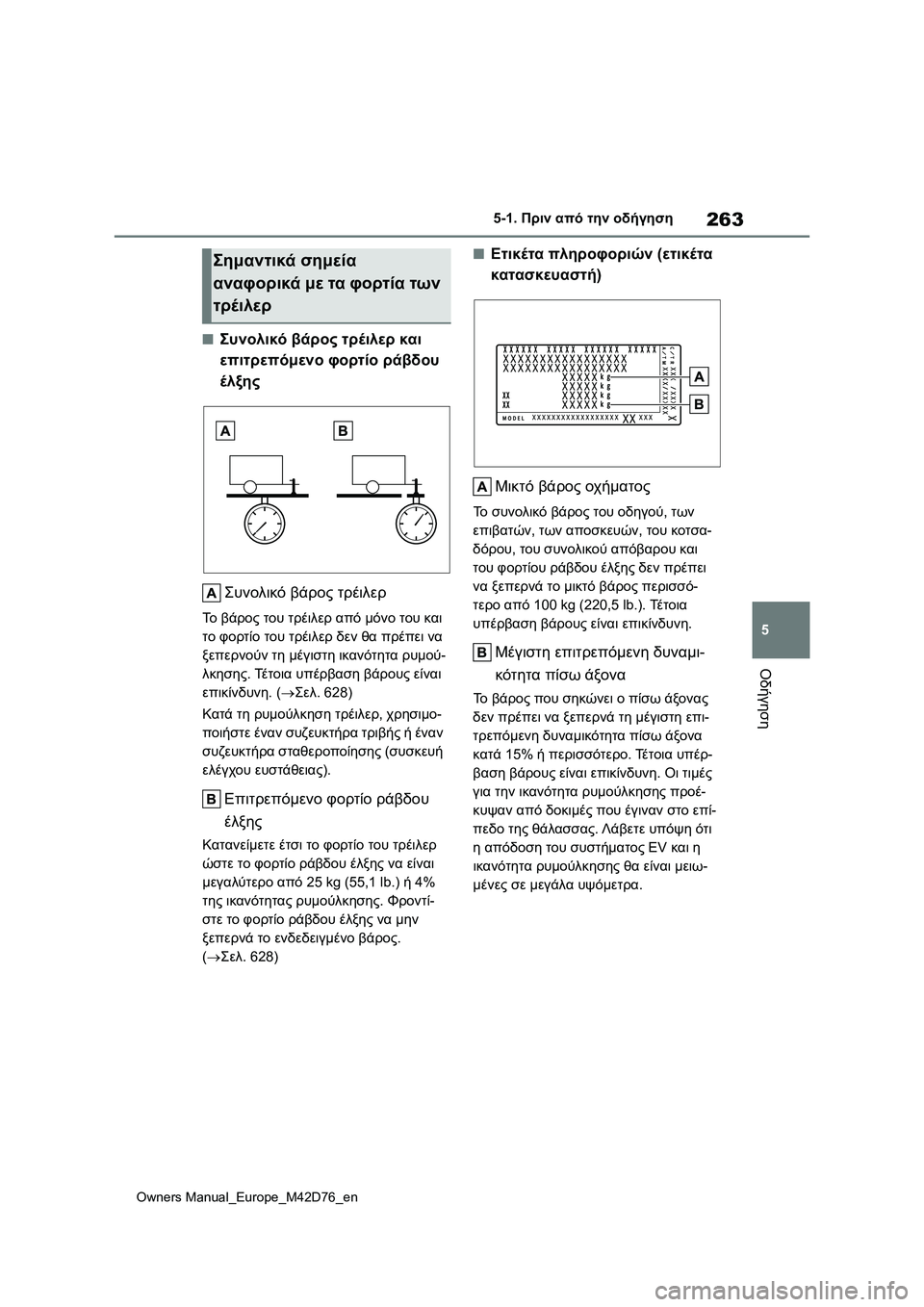 TOYOTA BZ4X 2022 ΟΔΗΓΌΣ ΧΡΉΣΗΣ (in Greek) 263
5
Owners Manual_Europe_M42D76_en
5-1. Πριν από την οδήγηση
Οδήγηση
■Συνολικό βάρος τρέιλερ και
επιτρεπόμενο φορτίο ράβδου TOYOTA BZ4X 2022 ΟΔΗΓΌΣ ΧΡΉΣΗΣ (in Greek) 263
5
Owners Manual_Europe_M42D76_en
5-1. Πριν από την οδήγηση
Οδήγηση
■Συνολικό βάρος τρέιλερ και
επιτρεπόμενο φορτίο ράβδου