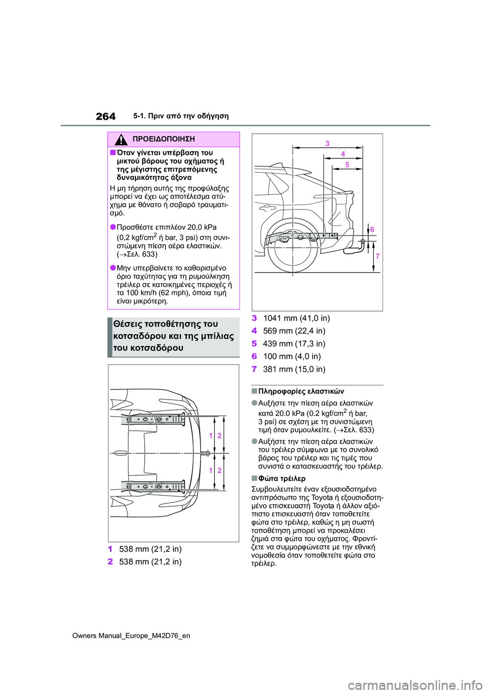 TOYOTA BZ4X 2022 ΟΔΗΓΌΣ ΧΡΉΣΗΣ (in Greek) 264
Owners Manual_Europe_M42D76_en
5-1. Πριν από την οδήγηση
1538 mm (21,2 in)
2538 mm (21,2 in)31041 mm (41,0 in)
4569 mm (22,4 in)
5439 mm (17,3 in)
6100 mm (4,0 in)
7381 mm (15,0 i TOYOTA BZ4X 2022 ΟΔΗΓΌΣ ΧΡΉΣΗΣ (in Greek) 264
Owners Manual_Europe_M42D76_en
5-1. Πριν από την οδήγηση
1538 mm (21,2 in)
2538 mm (21,2 in)31041 mm (41,0 in)
4569 mm (22,4 in)
5439 mm (17,3 in)
6100 mm (4,0 in)
7381 mm (15,0 i