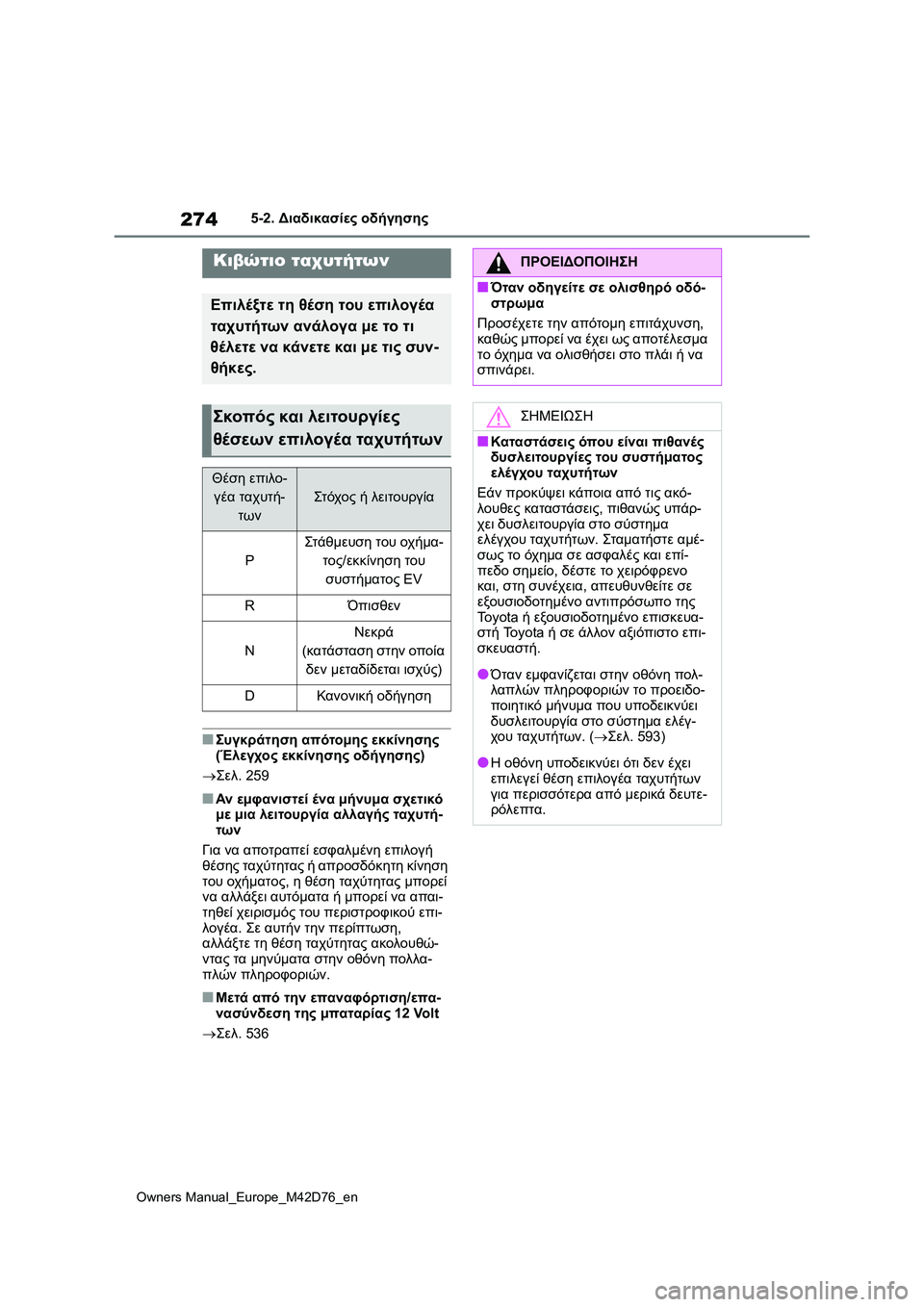 TOYOTA BZ4X 2022 ΟΔΗΓΌΣ ΧΡΉΣΗΣ (in Greek) 274
Owners Manual_Europe_M42D76_en
5-2. Διαδικασίες οδήγησης
■Συγκράτηση απότομης εκκίνησης
(Έλεγχος εκκίνησης οδήγησης)
Σ TOYOTA BZ4X 2022 ΟΔΗΓΌΣ ΧΡΉΣΗΣ (in Greek) 274
Owners Manual_Europe_M42D76_en
5-2. Διαδικασίες οδήγησης
■Συγκράτηση απότομης εκκίνησης
(Έλεγχος εκκίνησης οδήγησης)
Σ