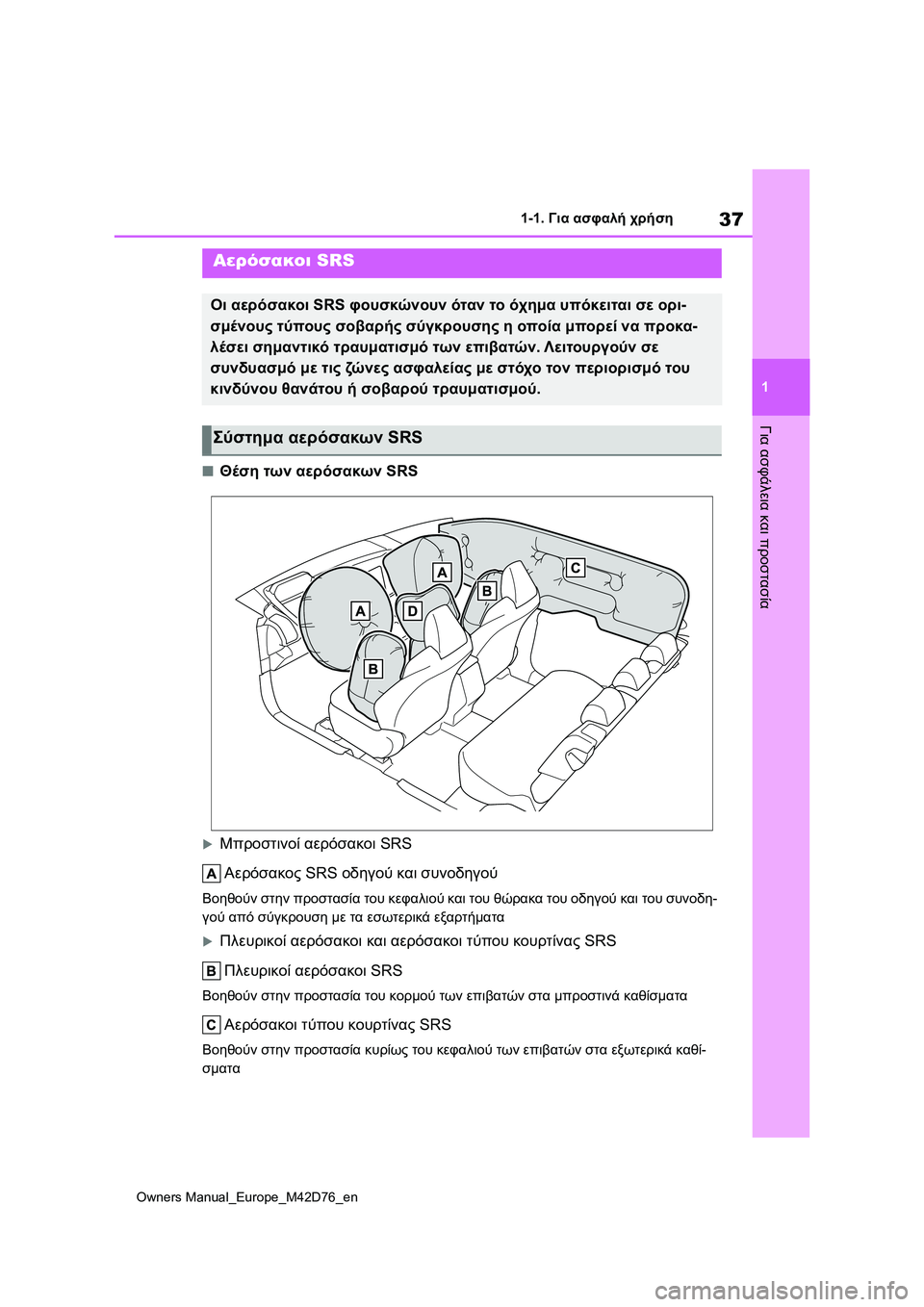 TOYOTA BZ4X 2022 ΟΔΗΓΌΣ ΧΡΉΣΗΣ (in Greek) 37
1
Owners Manual_Europe_M42D76_en
1-1. Για ασφαλή χρήση
Για ασφάλεια και προστασία
■Θέση των αερόσακων SRS
Μπροστινοί αερόσα TOYOTA BZ4X 2022 ΟΔΗΓΌΣ ΧΡΉΣΗΣ (in Greek) 37
1
Owners Manual_Europe_M42D76_en
1-1. Για ασφαλή χρήση
Για ασφάλεια και προστασία
■Θέση των αερόσακων SRS
Μπροστινοί αερόσα