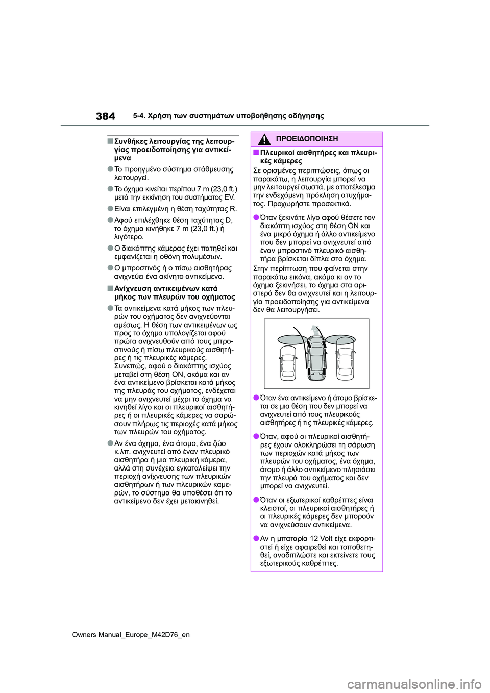 TOYOTA BZ4X 2022 ΟΔΗΓΌΣ ΧΡΉΣΗΣ (in Greek) 384
Owners Manual_Europe_M42D76_en
5-4. Χρήση των συστημάτων υποβοήθησης οδήγησης
■Συνθήκες λειτουργίας της λειτουρ-
γίας προ TOYOTA BZ4X 2022 ΟΔΗΓΌΣ ΧΡΉΣΗΣ (in Greek) 384
Owners Manual_Europe_M42D76_en
5-4. Χρήση των συστημάτων υποβοήθησης οδήγησης
■Συνθήκες λειτουργίας της λειτουρ-
γίας προ