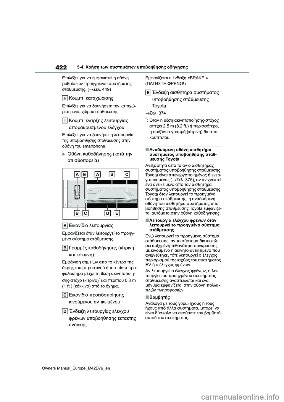 TOYOTA BZ4X 2022 ΟΔΗΓΌΣ ΧΡΉΣΗΣ (in Greek) 422
Owners Manual_Europe_M42D76_en
5-4. Χρήση των συστημάτων υποβοήθησης οδήγησης
Επιλέξτε για να εμφανιστεί η οθόνη
ρυθμίσεω TOYOTA BZ4X 2022 ΟΔΗΓΌΣ ΧΡΉΣΗΣ (in Greek) 422
Owners Manual_Europe_M42D76_en
5-4. Χρήση των συστημάτων υποβοήθησης οδήγησης
Επιλέξτε για να εμφανιστεί η οθόνη
ρυθμίσεω