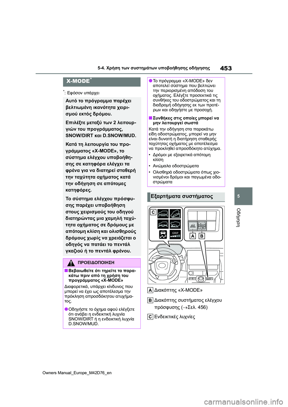 TOYOTA BZ4X 2022 ΟΔΗΓΌΣ ΧΡΉΣΗΣ (in Greek) 453
5
Owners Manual_Europe_M42D76_en
5-4. Χρήση των συστημάτων υποβοήθησης οδήγησης
Οδήγηση
*:Εφόσον υπάρχει
Διακόπτης «X-MODE»
Δι TOYOTA BZ4X 2022 ΟΔΗΓΌΣ ΧΡΉΣΗΣ (in Greek) 453
5
Owners Manual_Europe_M42D76_en
5-4. Χρήση των συστημάτων υποβοήθησης οδήγησης
Οδήγηση
*:Εφόσον υπάρχει
Διακόπτης «X-MODE»
Δι