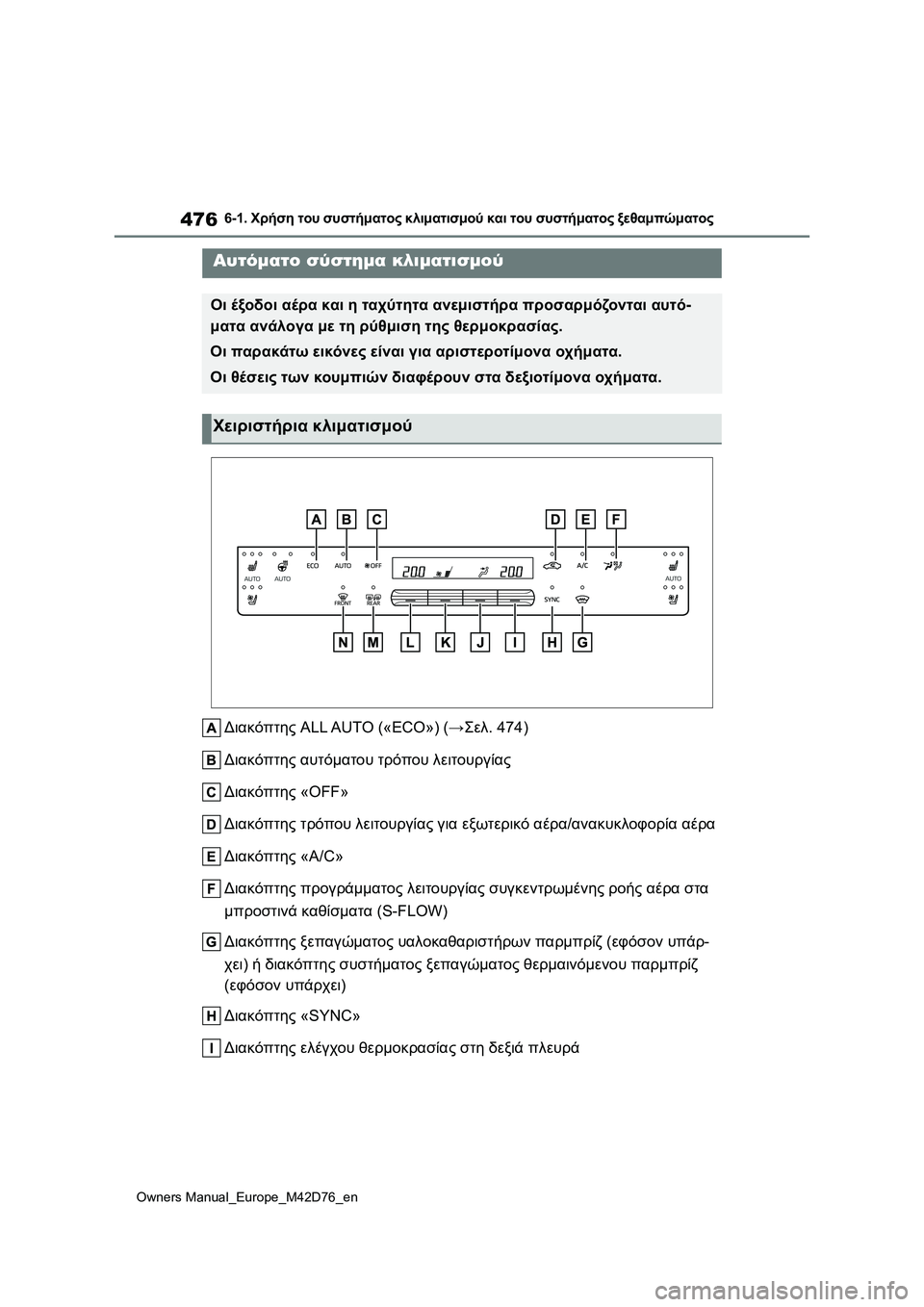 TOYOTA BZ4X 2022 ΟΔΗΓΌΣ ΧΡΉΣΗΣ (in Greek) 476
Owners Manual_Europe_M42D76_en
6-1. Χρήση του συστήματος κλιματισμού και του συστήματος ξεθαμπώματος
Διακόπτης ALL AUTO («ECO») TOYOTA BZ4X 2022 ΟΔΗΓΌΣ ΧΡΉΣΗΣ (in Greek) 476
Owners Manual_Europe_M42D76_en
6-1. Χρήση του συστήματος κλιματισμού και του συστήματος ξεθαμπώματος
Διακόπτης ALL AUTO («ECO»)
