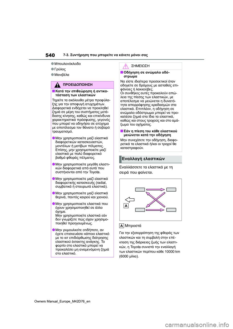 TOYOTA BZ4X 2022  ΟΔΗΓΌΣ ΧΡΉΣΗΣ (in Greek) 540
Owners Manual_Europe_M42D76_en
7-3. Συντήρηση που μπορείτε να κάνετε μόνοι σας
●Μπουλονόκλειδο
●Γρύλος
●Μανιβέλα
Εναλλά