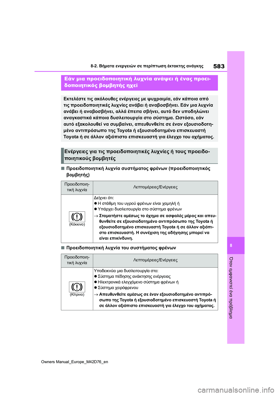 TOYOTA BZ4X 2022 ΟΔΗΓΌΣ ΧΡΉΣΗΣ (in Greek) 583
8
Owners Manual_Europe_M42D76_en
8-2. Βήματα ενεργειών σε περίπτωση έκτακτης ανάγκης
Όταν εμφανιστεί ένα πρόβλημα
■Προειδ TOYOTA BZ4X 2022 ΟΔΗΓΌΣ ΧΡΉΣΗΣ (in Greek) 583
8
Owners Manual_Europe_M42D76_en
8-2. Βήματα ενεργειών σε περίπτωση έκτακτης ανάγκης
Όταν εμφανιστεί ένα πρόβλημα
■Προειδ