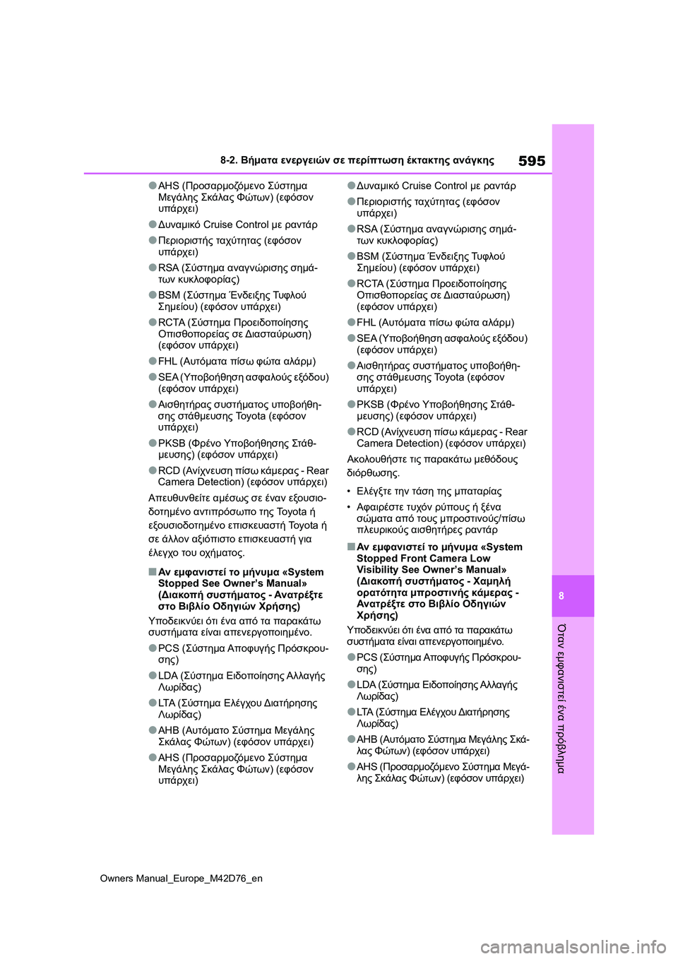 TOYOTA BZ4X 2022 ΟΔΗΓΌΣ ΧΡΉΣΗΣ (in Greek) 595
8
Owners Manual_Europe_M42D76_en
8-2. Βήματα ενεργειών σε περίπτωση έκτακτης ανάγκης
Όταν εμφανιστεί ένα πρόβλημα
●AHS (Προσ TOYOTA BZ4X 2022 ΟΔΗΓΌΣ ΧΡΉΣΗΣ (in Greek) 595
8
Owners Manual_Europe_M42D76_en
8-2. Βήματα ενεργειών σε περίπτωση έκτακτης ανάγκης
Όταν εμφανιστεί ένα πρόβλημα
●AHS (Προσ