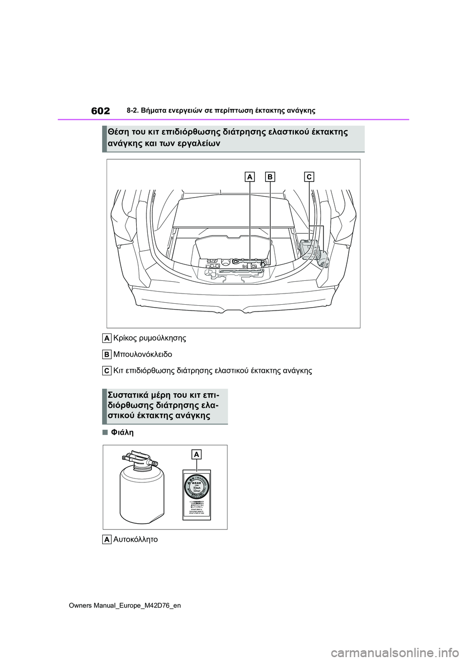 TOYOTA BZ4X 2022 ΟΔΗΓΌΣ ΧΡΉΣΗΣ (in Greek) 602
Owners Manual_Europe_M42D76_en
8-2. Βήματα ενεργειών σε περίπτωση έκτακτης ανάγκης
Κρίκος ρυμούλκησης
Μπουλονόκλειδο
Κιτ TOYOTA BZ4X 2022 ΟΔΗΓΌΣ ΧΡΉΣΗΣ (in Greek) 602
Owners Manual_Europe_M42D76_en
8-2. Βήματα ενεργειών σε περίπτωση έκτακτης ανάγκης
Κρίκος ρυμούλκησης
Μπουλονόκλειδο
Κιτ