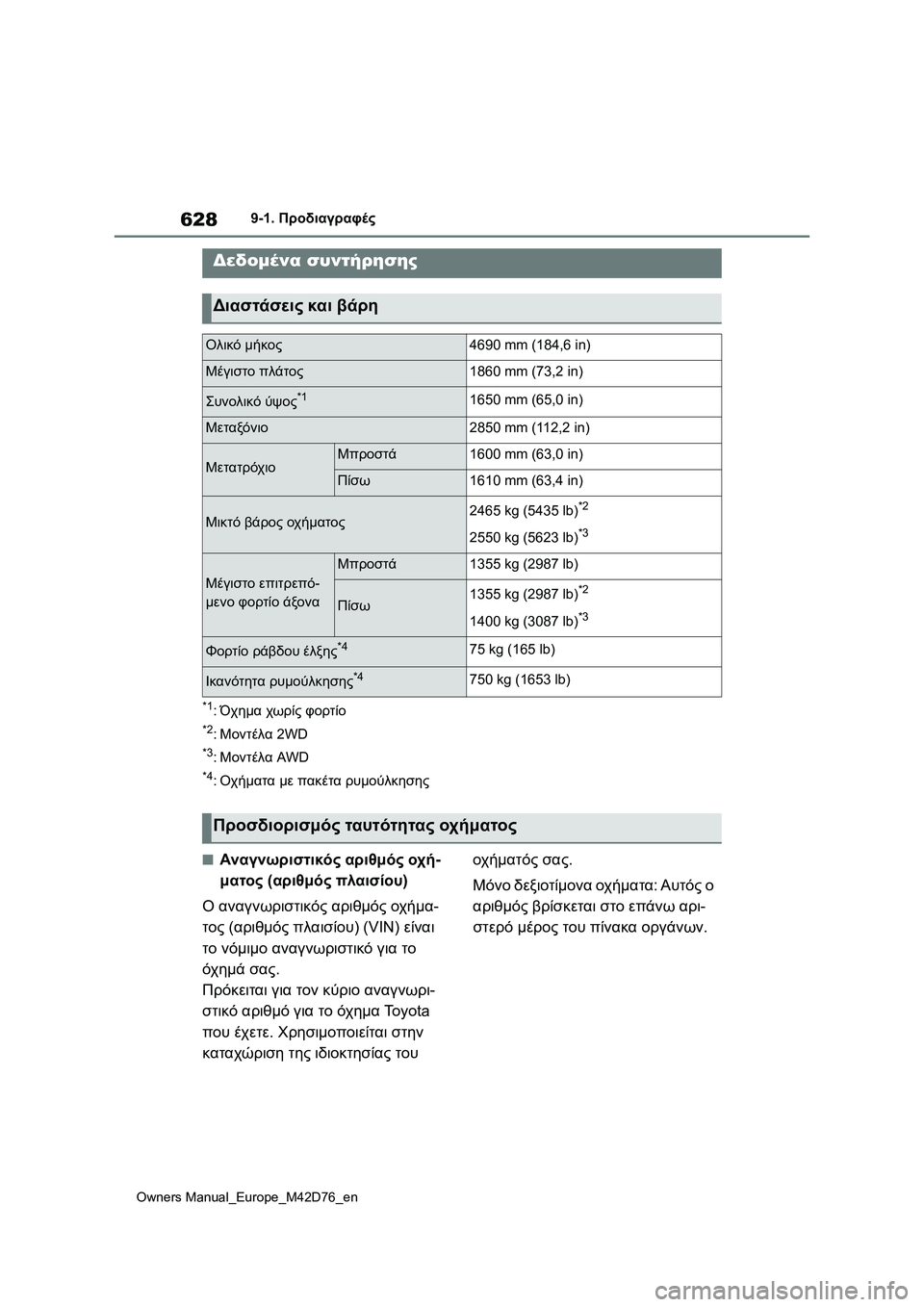 TOYOTA BZ4X 2022 ΟΔΗΓΌΣ ΧΡΉΣΗΣ (in Greek) 628
Owners Manual_Europe_M42D76_en
9-1. Προδιαγραφές
9-1.Προδιαγραφές
*1:Όχημα χωρίς φορτίο
*2:Μοντέλα 2WD
*3:Μοντέλα AWD
*4:Οχήματα με TOYOTA BZ4X 2022 ΟΔΗΓΌΣ ΧΡΉΣΗΣ (in Greek) 628
Owners Manual_Europe_M42D76_en
9-1. Προδιαγραφές
9-1.Προδιαγραφές
*1:Όχημα χωρίς φορτίο
*2:Μοντέλα 2WD
*3:Μοντέλα AWD
*4:Οχήματα με