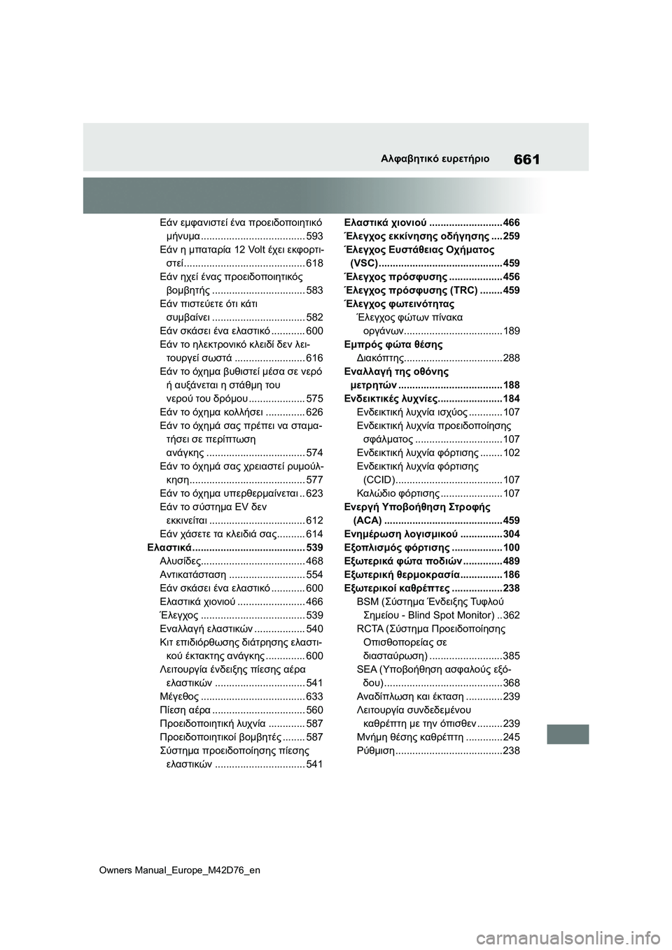 TOYOTA BZ4X 2022 ΟΔΗΓΌΣ ΧΡΉΣΗΣ (in Greek) 661
Owners Manual_Europe_M42D76_en
Αλφαβητικό ευρετήριο
Εάν εμφανιστεί ένα προειδοποιητικό
μήνυμα..................................... 593
Εά TOYOTA BZ4X 2022 ΟΔΗΓΌΣ ΧΡΉΣΗΣ (in Greek) 661
Owners Manual_Europe_M42D76_en
Αλφαβητικό ευρετήριο
Εάν εμφανιστεί ένα προειδοποιητικό
μήνυμα..................................... 593
Εά