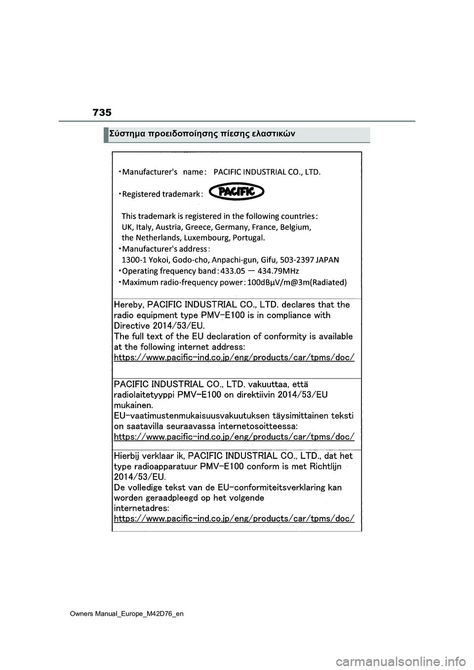 TOYOTA BZ4X 2022  ΟΔΗΓΌΣ ΧΡΉΣΗΣ (in Greek) 735
Owners Manual_Europe_M42D76_en
Σύστημα προειδοποίησης πίεσης ελαστικών 
