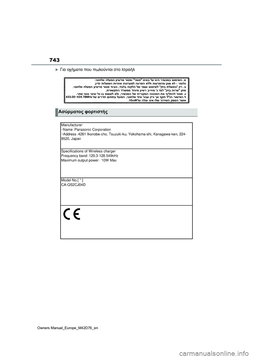 TOYOTA BZ4X 2022 ΟΔΗΓΌΣ ΧΡΉΣΗΣ (in Greek) 743
Owners Manual_Europe_M42D76_en
Για οχήματα που πωλούνται στο Ισραήλ
Ασύρματος φορτιστής TOYOTA BZ4X 2022 ΟΔΗΓΌΣ ΧΡΉΣΗΣ (in Greek) 743
Owners Manual_Europe_M42D76_en
Για οχήματα που πωλούνται στο Ισραήλ
Ασύρματος φορτιστής