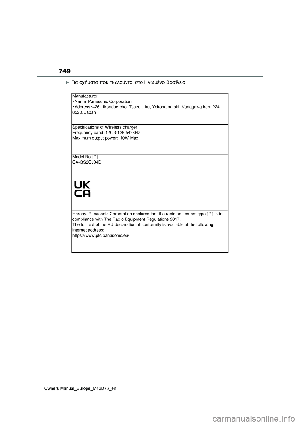 TOYOTA BZ4X 2022 ΟΔΗΓΌΣ ΧΡΉΣΗΣ (in Greek) 749
Owners Manual_Europe_M42D76_en
Για οχήματα που πωλούνται στο Ηνωμένο Βασίλειο TOYOTA BZ4X 2022 ΟΔΗΓΌΣ ΧΡΉΣΗΣ (in Greek) 749
Owners Manual_Europe_M42D76_en
Για οχήματα που πωλούνται στο Ηνωμένο Βασίλειο