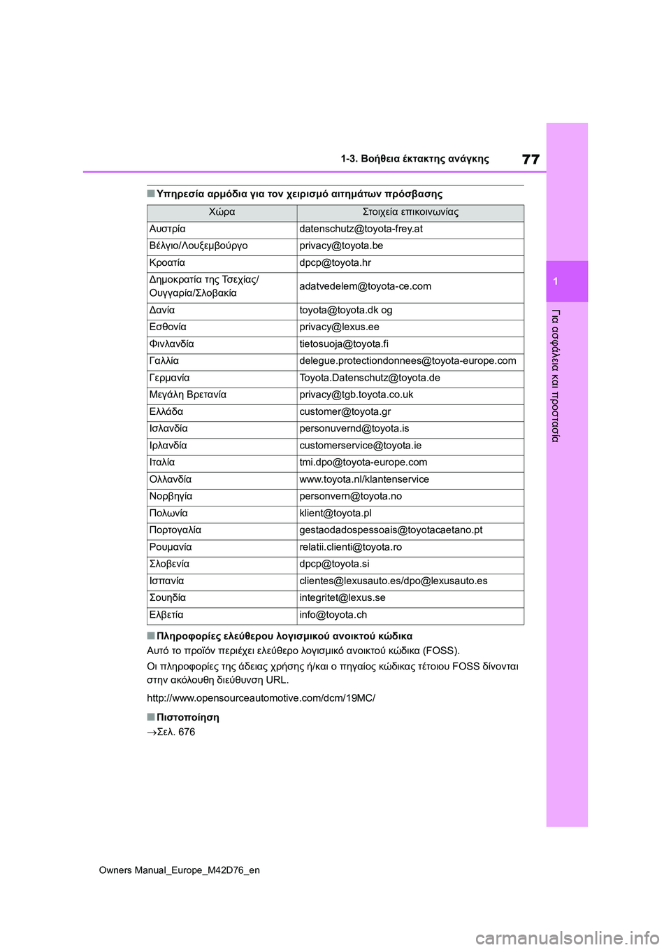 TOYOTA BZ4X 2022 ΟΔΗΓΌΣ ΧΡΉΣΗΣ (in Greek) 77
1
Owners Manual_Europe_M42D76_en
1-3. Βοήθεια έκτακτης ανάγκης
Για ασφάλεια και προστασία
■Υπηρεσία αρμόδια για τον χειρισ TOYOTA BZ4X 2022 ΟΔΗΓΌΣ ΧΡΉΣΗΣ (in Greek) 77
1
Owners Manual_Europe_M42D76_en
1-3. Βοήθεια έκτακτης ανάγκης
Για ασφάλεια και προστασία
■Υπηρεσία αρμόδια για τον χειρισ