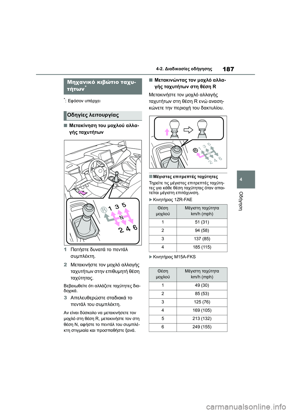 TOYOTA COROLLA 2022  ΟΔΗΓΌΣ ΧΡΉΣΗΣ (in Greek) 187
4 4-2. Διαδικασίες οδήγησης
Οδήγηση
*:Εφόσον υπάρχει
■Μετακίνηση του μοχλού αλλα-
γής ταχυτήτων
1Πατήστε δυνα