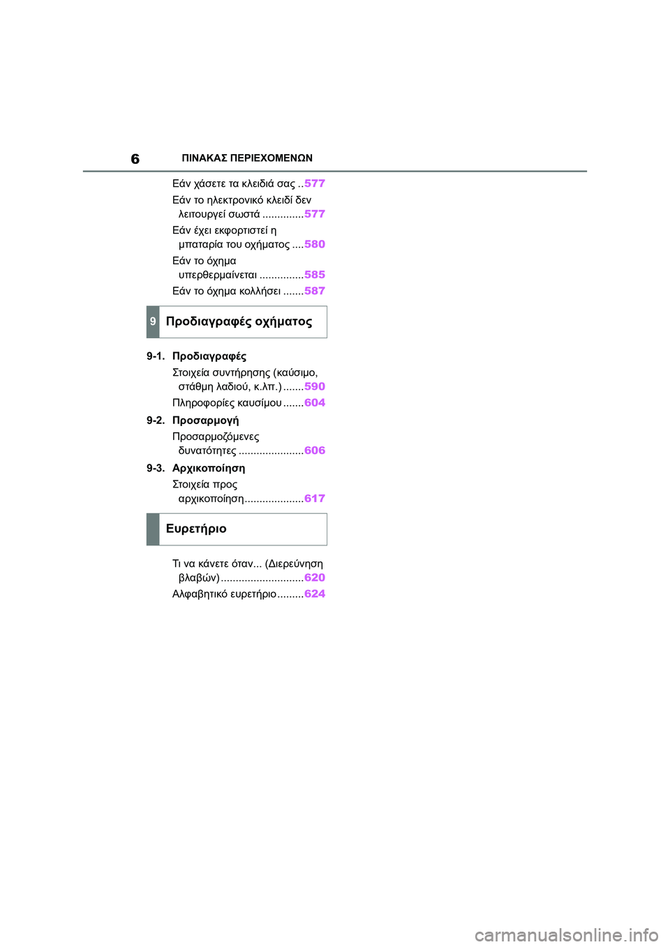 TOYOTA COROLLA 2022  ΟΔΗΓΌΣ ΧΡΉΣΗΣ (in Greek) 6ΠΙΝΑΚΑΣ ΠΕΡΙΕΧΟΜΕΝΩΝ
Εάν χάσετε τα κλειδιά σας..577
Εάν το ηλεκτρονικό κλειδί δεν 
λειτουργεί σωστά..............577
Ε