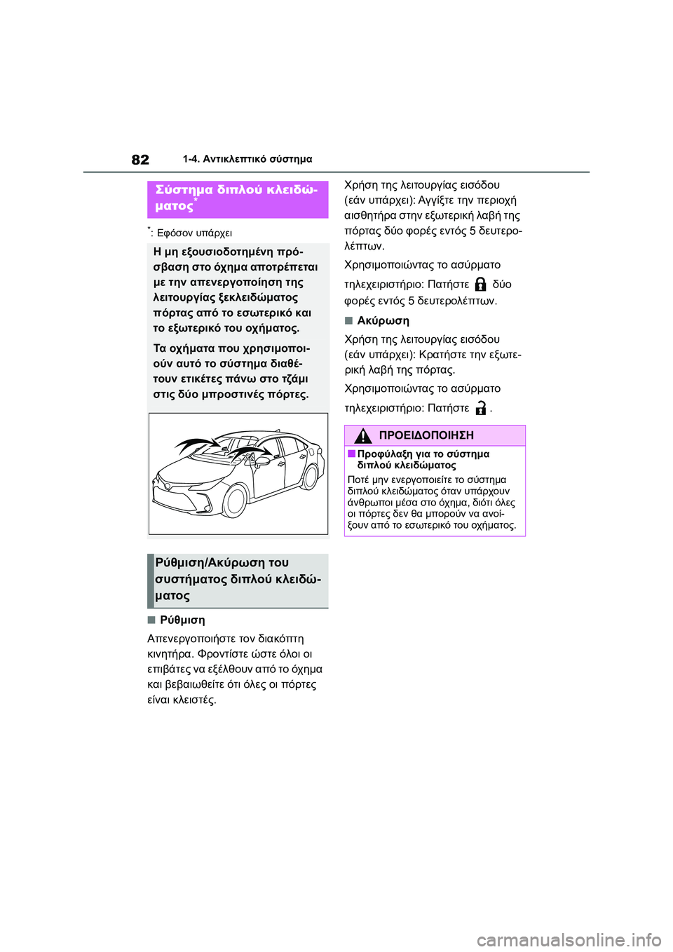 TOYOTA COROLLA 2022 ΟΔΗΓΌΣ ΧΡΉΣΗΣ (in Greek) 821-4. Αντικλεπτικό σύστημα
*:Εφόσον υπάρχει
■Ρύθμιση
Απενεργοποιήστε τον διακόπτη
κινητήρα. Φροντίστε ώστε ό TOYOTA COROLLA 2022 ΟΔΗΓΌΣ ΧΡΉΣΗΣ (in Greek) 821-4. Αντικλεπτικό σύστημα
*:Εφόσον υπάρχει
■Ρύθμιση
Απενεργοποιήστε τον διακόπτη
κινητήρα. Φροντίστε ώστε ό