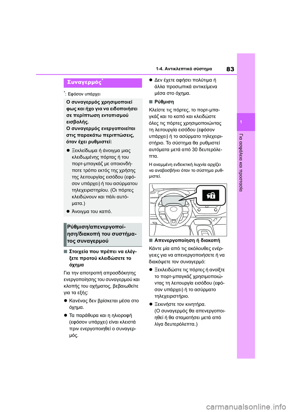 TOYOTA COROLLA 2022 ΟΔΗΓΌΣ ΧΡΉΣΗΣ (in Greek) 83
1 1-4. Αντικλεπτικό σύστημα
Για ασφάλεια και προστασία
*:Εφόσον υπάρχει
■Στοιχεία που πρέπει να ελέγ-
ξετε προ TOYOTA COROLLA 2022 ΟΔΗΓΌΣ ΧΡΉΣΗΣ (in Greek) 83
1 1-4. Αντικλεπτικό σύστημα
Για ασφάλεια και προστασία
*:Εφόσον υπάρχει
■Στοιχεία που πρέπει να ελέγ-
ξετε προ