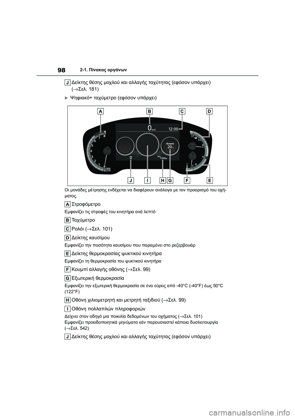TOYOTA COROLLA 2022 ΟΔΗΓΌΣ ΧΡΉΣΗΣ (in Greek) 982-1. Πίνακας οργάνων
Δείκτης θέσης μοχλού και αλλαγής ταχύτητας (εφόσον υπάρχει)
(→Σελ. 181)
Ψηφιακό+ ταχύμετρ TOYOTA COROLLA 2022 ΟΔΗΓΌΣ ΧΡΉΣΗΣ (in Greek) 982-1. Πίνακας οργάνων
Δείκτης θέσης μοχλού και αλλαγής ταχύτητας (εφόσον υπάρχει)
(→Σελ. 181)
Ψηφιακό+ ταχύμετρ