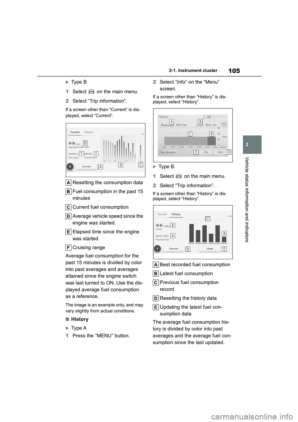 TOYOTA COROLLA 2022   (in English) Owners Guide 105
2 
2-1. Instrument cluster
Vehicle status information and indicators
Type B 
1 Select   on the main menu. 
2 Select “Trip information”.
If a screen other than “Current” is dis- 
played,