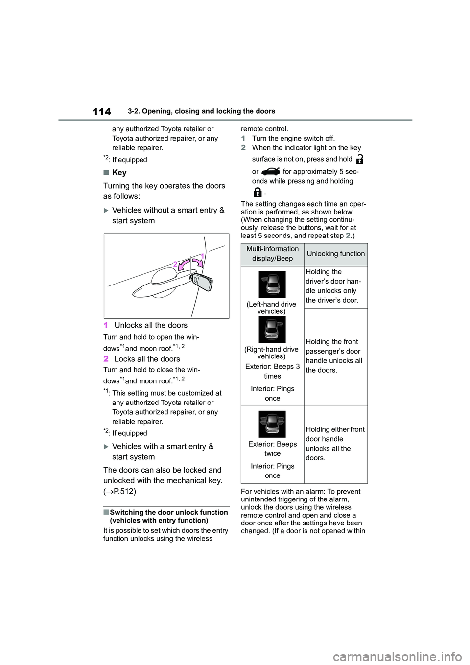 TOYOTA COROLLA 2022 Owners Manual (in English) 1143-2. Opening, closing and locking the doors
any authorized Toyota retailer or
Toyota authorized repairer, or any
reliable repairer.
*2: If equipped
■Key
Turning the key operates the doors
TOYOTA COROLLA 2022 Owners Manual (in English) 1143-2. Opening, closing and locking the doors
any authorized Toyota retailer or
Toyota authorized repairer, or any
reliable repairer.
*2: If equipped
■Key
Turning the key operates the doors