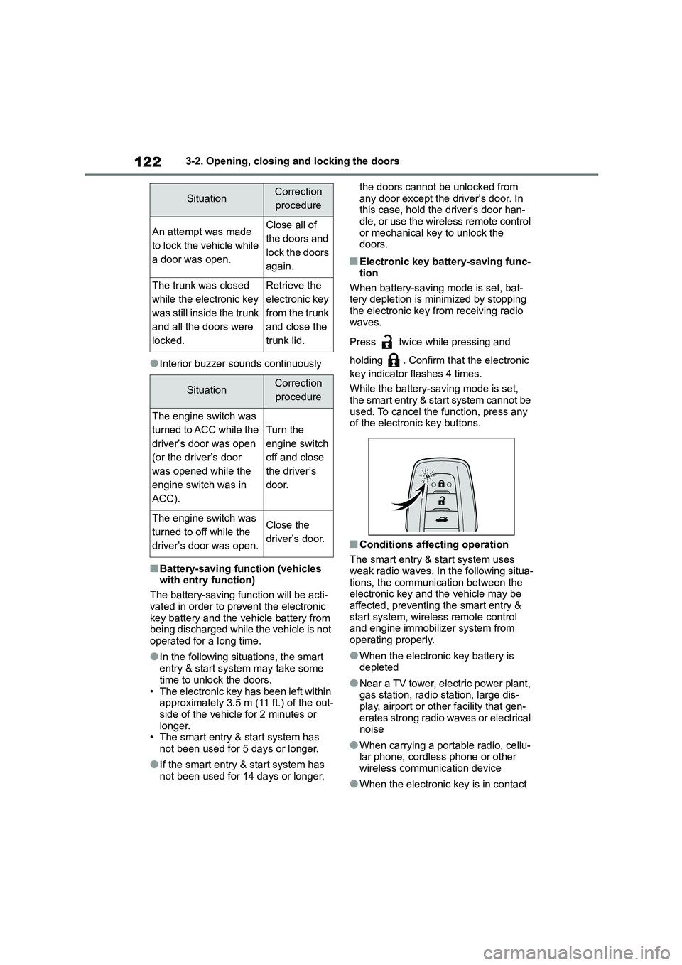 TOYOTA COROLLA 2022 (in English) Service Manual 1223-2. Opening, closing and locking the doors
●Interior buzzer sounds continuously
■Battery-saving function (vehicles
with entry function)
The battery-saving function will be acti-
vated in o TOYOTA COROLLA 2022 (in English) Service Manual 1223-2. Opening, closing and locking the doors
●Interior buzzer sounds continuously
■Battery-saving function (vehicles
with entry function)
The battery-saving function will be acti-
vated in o