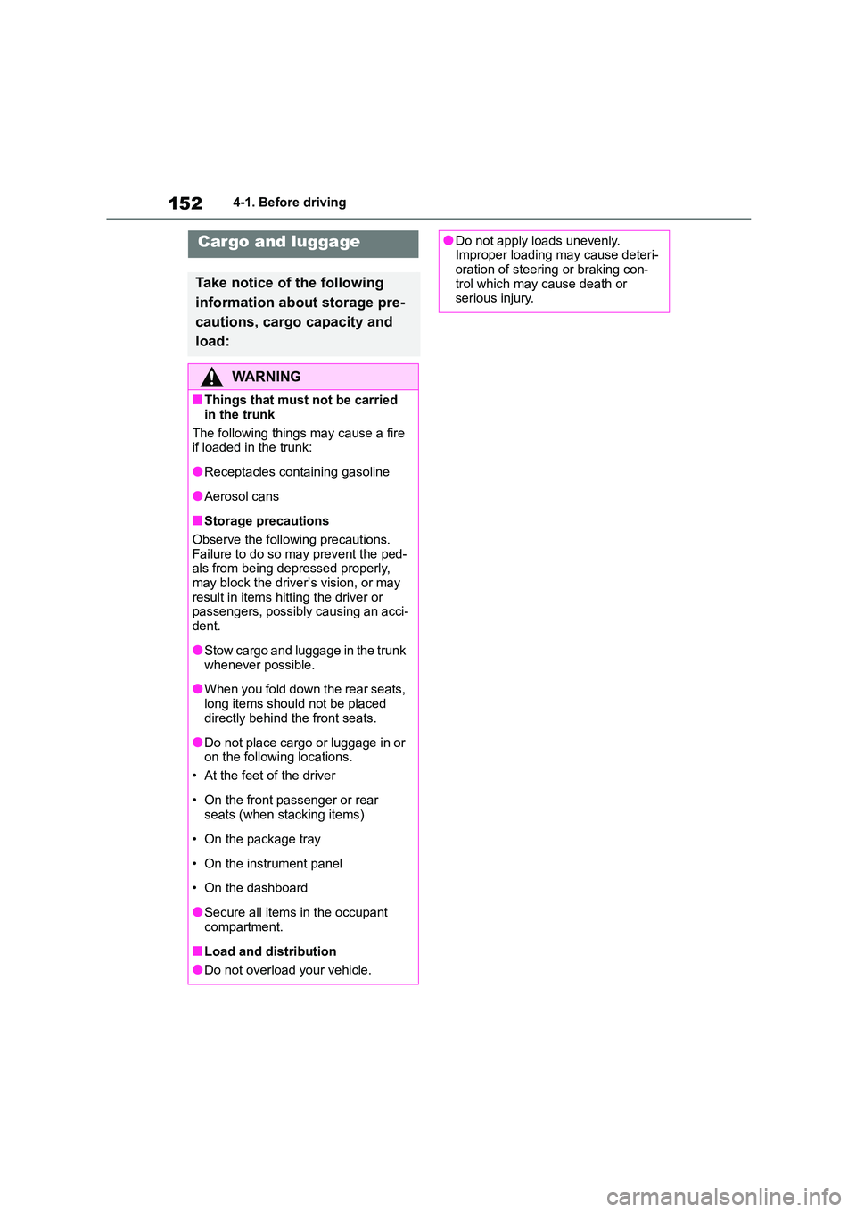 TOYOTA COROLLA 2022  Owners Manual (in English) 1524-1. Before driving
Cargo and luggage
Take notice of the following  
information about storage pre-
cautions, cargo capacity and 
load:
WA R N I N G
■Things that must not be carried  
in the trun