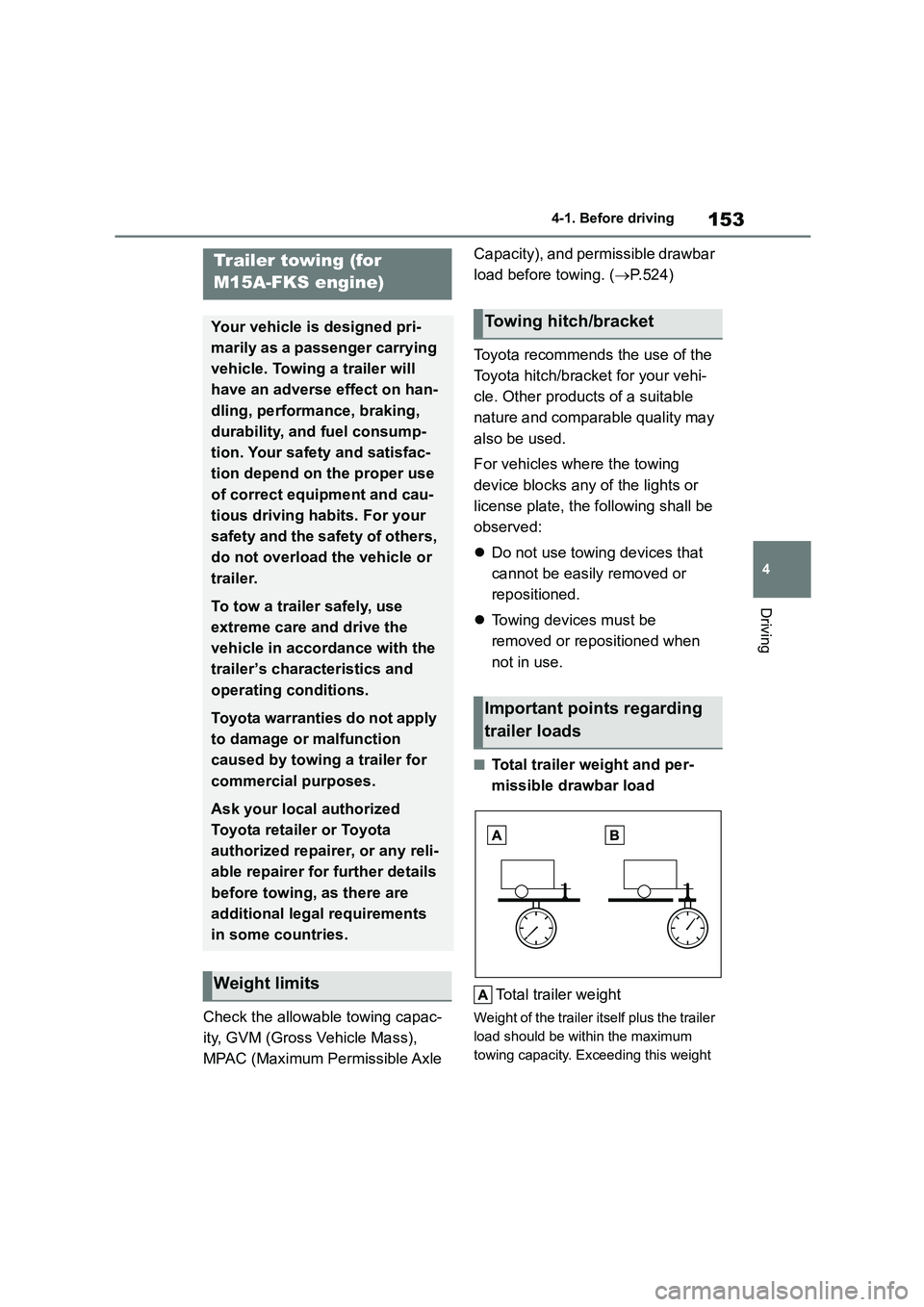 TOYOTA COROLLA 2022 (in English) User Guide 153
4
4-1. Before driving
Driving
Check the allowable towing capac-
ity, GVM (Gross Vehicle Mass),
MPAC (Maximum Permissible Axle
Capacity), and permissible drawbar
load before towing. ( P.5 TOYOTA COROLLA 2022 (in English) User Guide 153
4
4-1. Before driving
Driving
Check the allowable towing capac-
ity, GVM (Gross Vehicle Mass),
MPAC (Maximum Permissible Axle
Capacity), and permissible drawbar
load before towing. ( P.5