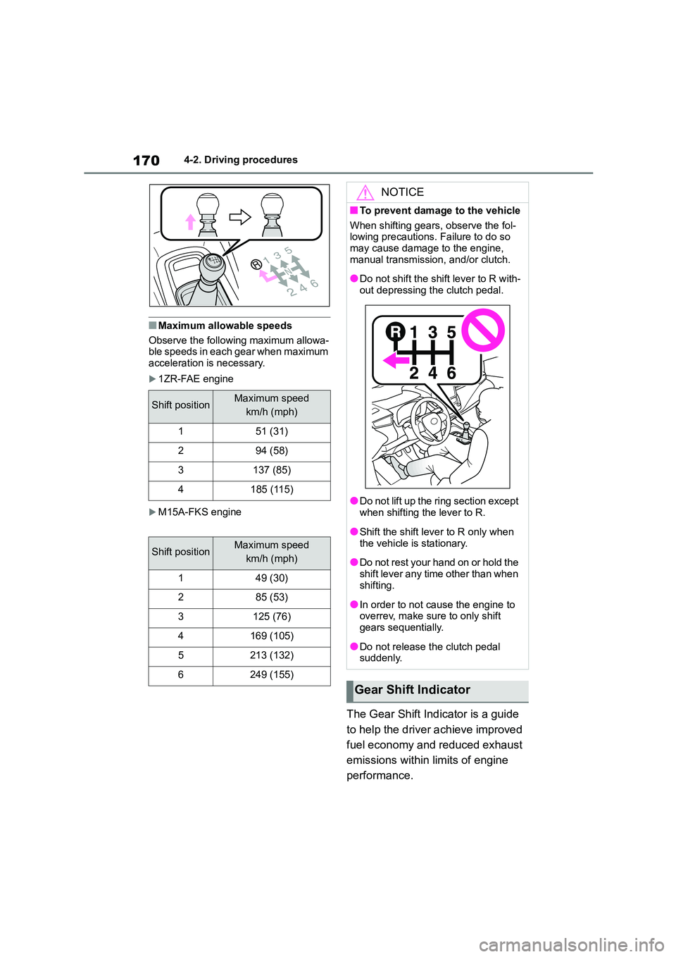 TOYOTA COROLLA 2022   (in English) Manual PDF 1704-2. Driving procedures
■Maximum allowable speeds 
Observe the following maximum allowa- 
ble speeds in each gear when maximum 
acceleration is necessary.
1ZR-FAE engine
M15A-FKS engine
The