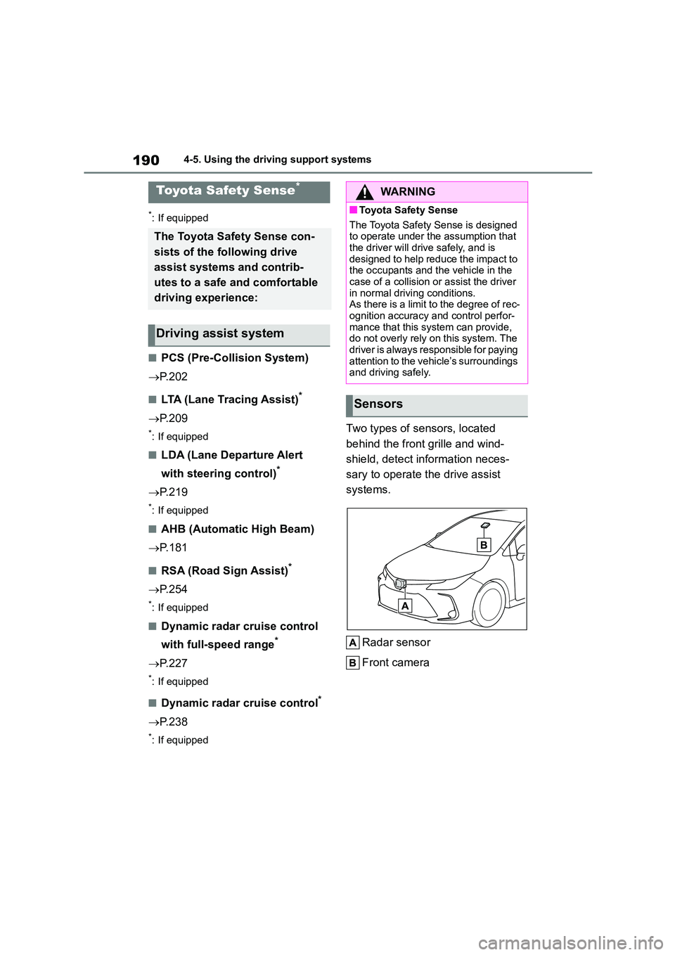 TOYOTA COROLLA 2022 (in English) User Guide 1904-5. Using the driving support systems
4-5.Using the driving support systems
*: If equipped
■PCS (Pre-Collision System)
P. 2 0 2
■LTA (Lane Tracing Assist)*
P. 2 0 9
*: If equipped
■L TOYOTA COROLLA 2022 (in English) User Guide 1904-5. Using the driving support systems
4-5.Using the driving support systems
*: If equipped
■PCS (Pre-Collision System)
P. 2 0 2
■LTA (Lane Tracing Assist)*
P. 2 0 9
*: If equipped
■L