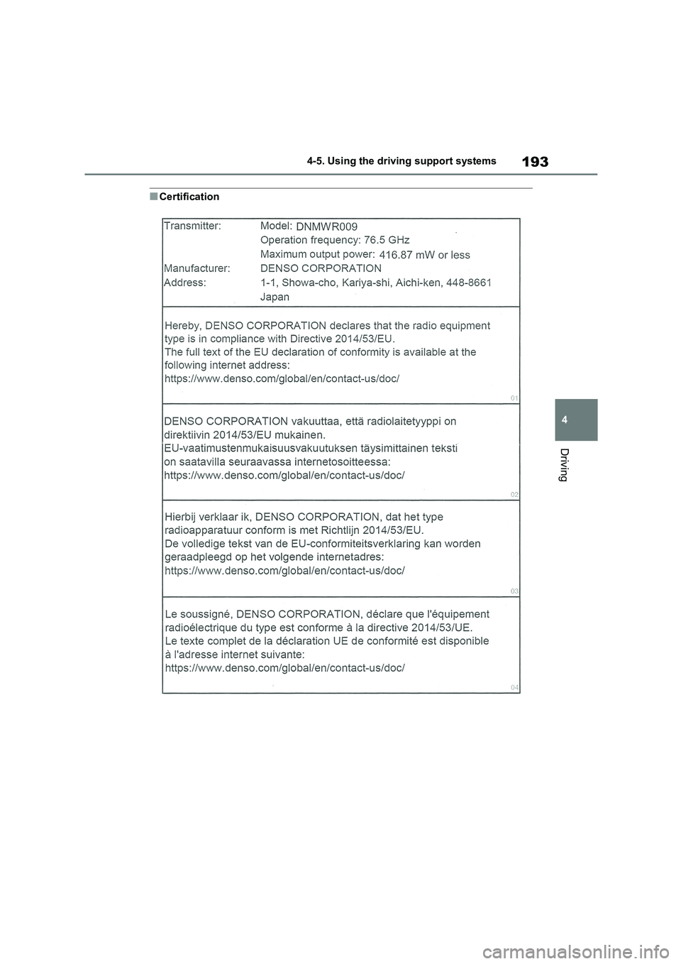 TOYOTA COROLLA 2022  Owners Manual (in English) 193
4 
4-5. Using the driving support systems
Driving
■Certification 