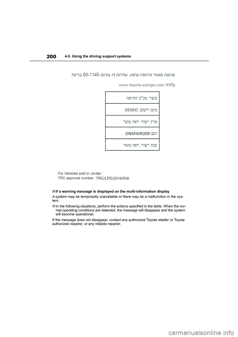 TOYOTA COROLLA 2022 Owners Manual (in English) 2004-5. Using the driving support systems
■If a warning message is displayed on the multi-information display
A system may be temporarily unavailable or there may be a malfunction in the sys- tem.
TOYOTA COROLLA 2022 Owners Manual (in English) 2004-5. Using the driving support systems
■If a warning message is displayed on the multi-information display
A system may be temporarily unavailable or there may be a malfunction in the sys- tem.