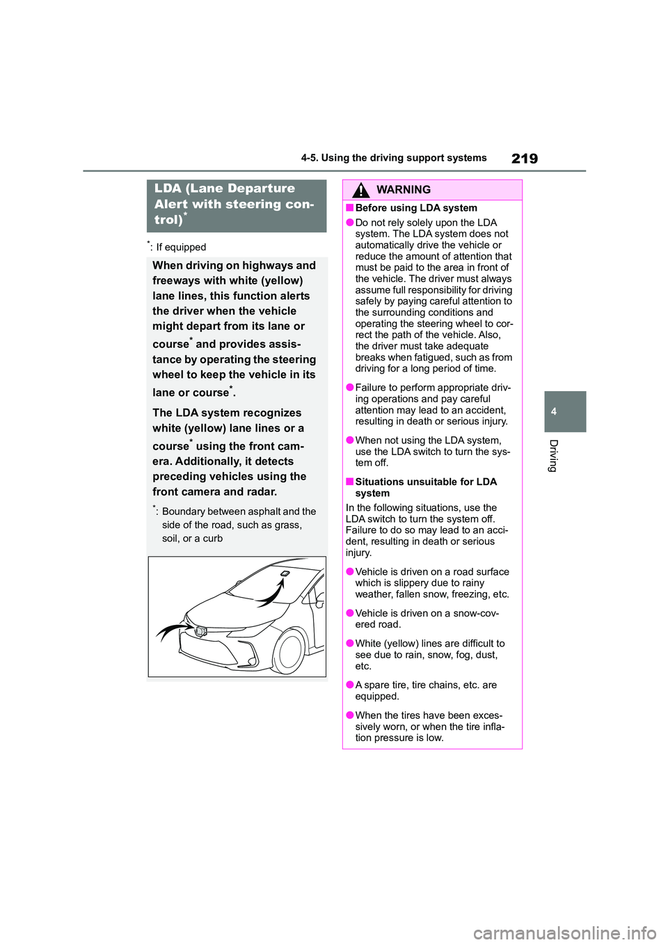 TOYOTA COROLLA 2022 Owners Manual (in English) 219
4
4-5. Using the driving support systems
Driving
*: If equipped
LDA (Lane Depar ture
Alert with steering con-
trol)*
When driving on highways and
freeways with white (yellow)
lane lines, thi TOYOTA COROLLA 2022 Owners Manual (in English) 219
4
4-5. Using the driving support systems
Driving
*: If equipped
LDA (Lane Depar ture
Alert with steering con-
trol)*
When driving on highways and
freeways with white (yellow)
lane lines, thi