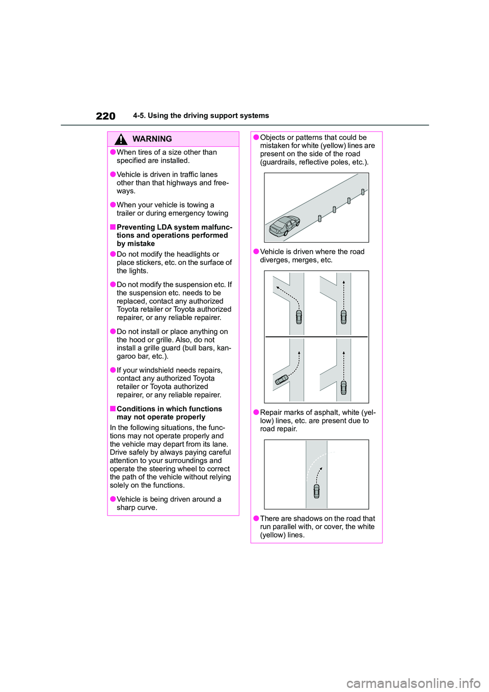 TOYOTA COROLLA 2022  Owners Manual (in English) 2204-5. Using the driving support systems
WA R N I N G
●When tires of a size other than  
specified are installed.
●Vehicle is driven in traffic lanes 
other than that highways and free-
ways.
●