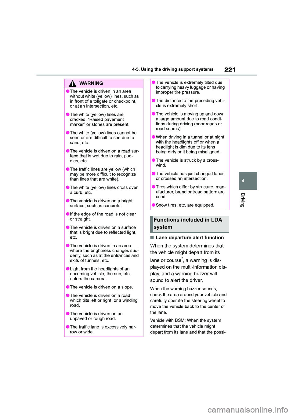 TOYOTA COROLLA 2022 Owners Manual (in English) 221
4
4-5. Using the driving support systems
Driving
■Lane departure alert function
When the system determines that
the vehicle might depart from its
lane or course*, a warning is dis-
played TOYOTA COROLLA 2022 Owners Manual (in English) 221
4
4-5. Using the driving support systems
Driving
■Lane departure alert function
When the system determines that
the vehicle might depart from its
lane or course*, a warning is dis-
played