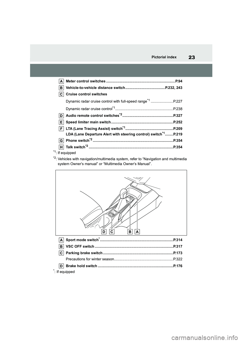 TOYOTA COROLLA 2022  Owners Manual (in English) 23Pictorial index
Meter control switches ....................................................................P.94 
Vehicle-to-vehicle distance switch .......................................P.232, 243 