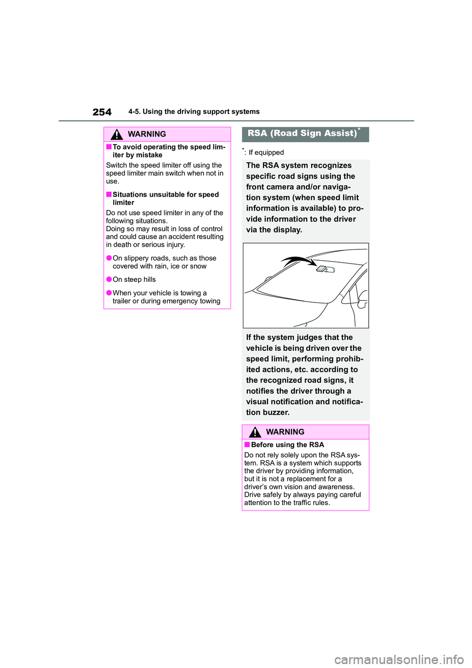 TOYOTA COROLLA 2022 Owners Manual (in English) 2544-5. Using the driving support systems
*: If equipped
WA R N I N G
■To avoid operating the speed lim-
iter by mistake
Switch the speed limiter off using the speed limiter main switch when not TOYOTA COROLLA 2022 Owners Manual (in English) 2544-5. Using the driving support systems
*: If equipped
WA R N I N G
■To avoid operating the speed lim-
iter by mistake
Switch the speed limiter off using the speed limiter main switch when not