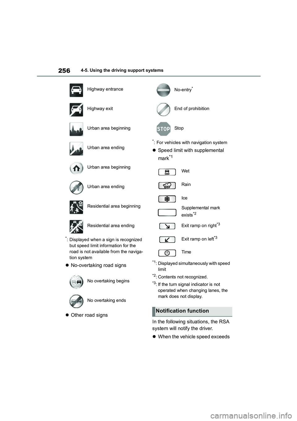 TOYOTA COROLLA 2022 Owners Manual (in English) 2564-5. Using the driving support systems
*: Displayed when a sign is recognized
but speed limit information for the
road is not available from the naviga-
tion system
No-overtaking road signs TOYOTA COROLLA 2022 Owners Manual (in English) 2564-5. Using the driving support systems
*: Displayed when a sign is recognized
but speed limit information for the
road is not available from the naviga-
tion system
No-overtaking road signs