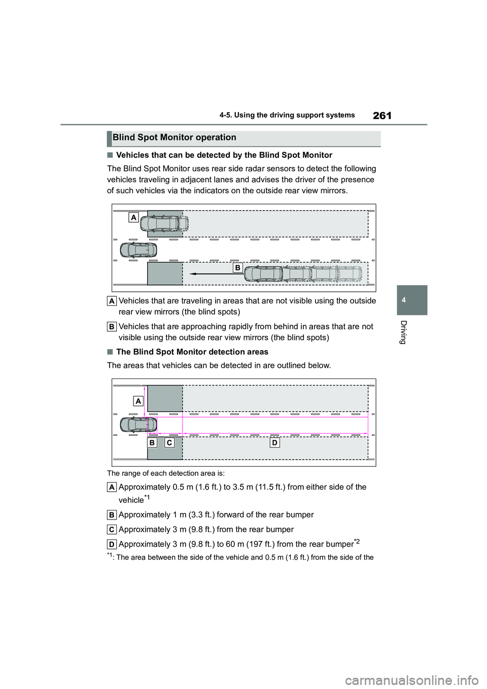 TOYOTA COROLLA 2022 (in English) Owners Guide 261
4
4-5. Using the driving support systems
Driving
■Vehicles that can be detected by the Blind Spot Monitor
The Blind Spot Monitor uses rear side radar sensors to detect the following
vehicles TOYOTA COROLLA 2022 (in English) Owners Guide 261
4
4-5. Using the driving support systems
Driving
■Vehicles that can be detected by the Blind Spot Monitor
The Blind Spot Monitor uses rear side radar sensors to detect the following
vehicles