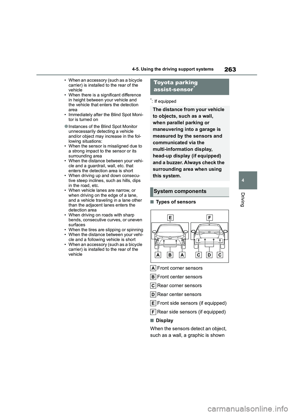 TOYOTA COROLLA 2022 (in English) Service Manual 263
4
4-5. Using the driving support systems
Driving
• When an accessory (such as a bicycle
carrier) is installed to the rear of the vehicle
• When there is a significant difference
in heigh TOYOTA COROLLA 2022 (in English) Service Manual 263
4
4-5. Using the driving support systems
Driving
• When an accessory (such as a bicycle
carrier) is installed to the rear of the vehicle
• When there is a significant difference
in heigh
