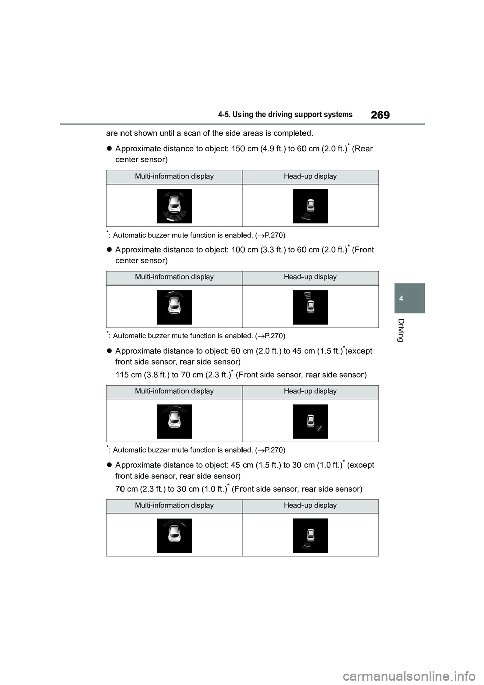 TOYOTA COROLLA 2022 (in English) Service Manual 269
4
4-5. Using the driving support systems
Driving
are not shown until a scan of the side areas is completed.
Approximate distance to object: 150 cm (4.9 ft.) to 60 cm (2.0 ft.)* (Rear
cent TOYOTA COROLLA 2022 (in English) Service Manual 269
4
4-5. Using the driving support systems
Driving
are not shown until a scan of the side areas is completed.
Approximate distance to object: 150 cm (4.9 ft.) to 60 cm (2.0 ft.)* (Rear
cent